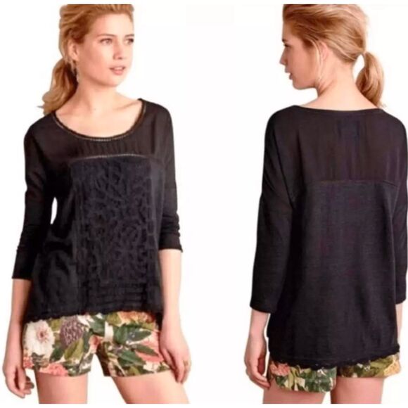 ANTHROPOLOGIE Meadow Rue Tayrona Lace Top Slub Knit Boho Casual Medium - Picture 2 of 7